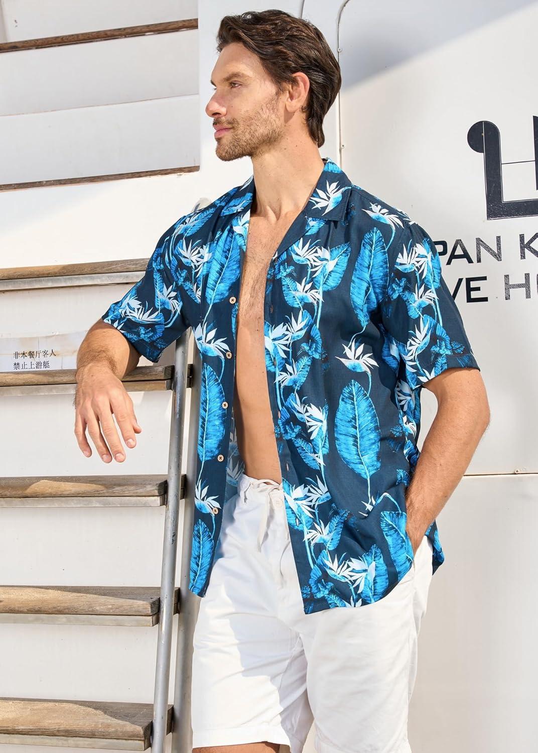 imageAlex Vando Mens Hawaiian Shirts Short Sleeve Summer Aloha Hawaii ShirtsNavy Leaf 04