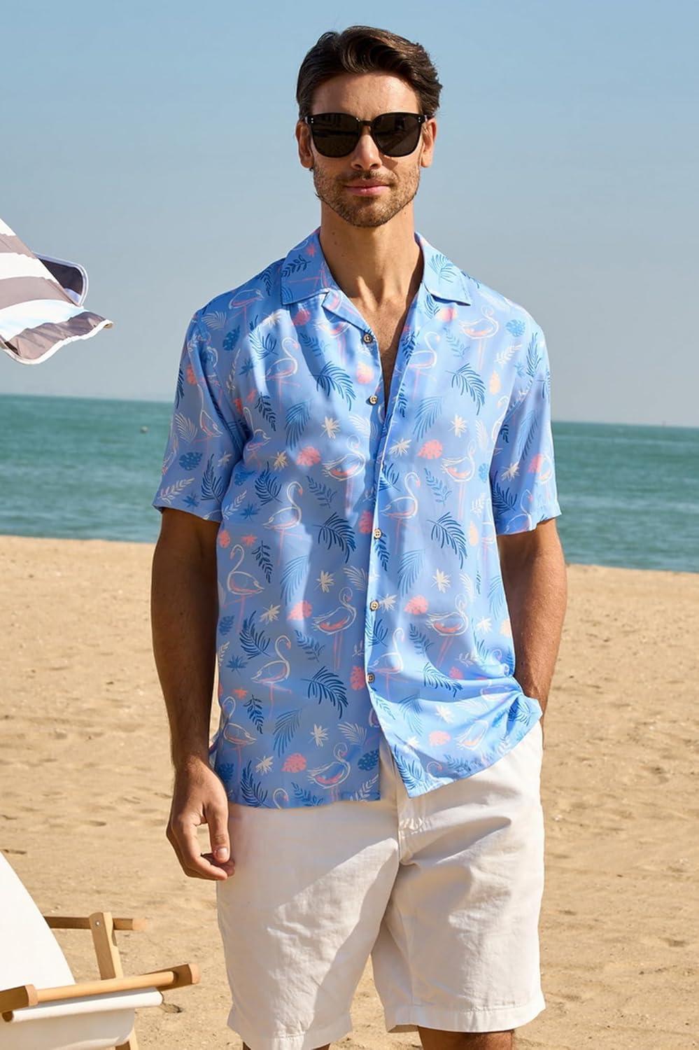 imageAlex Vando Mens Hawaiian Shirts Short Sleeve Summer Aloha Hawaii ShirtsPurple Flamingo