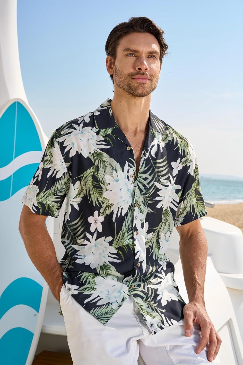 imageAlex Vando Mens Hawaiian Shirts Short Sleeve Summer Aloha Hawaii ShirtsWhite Flower