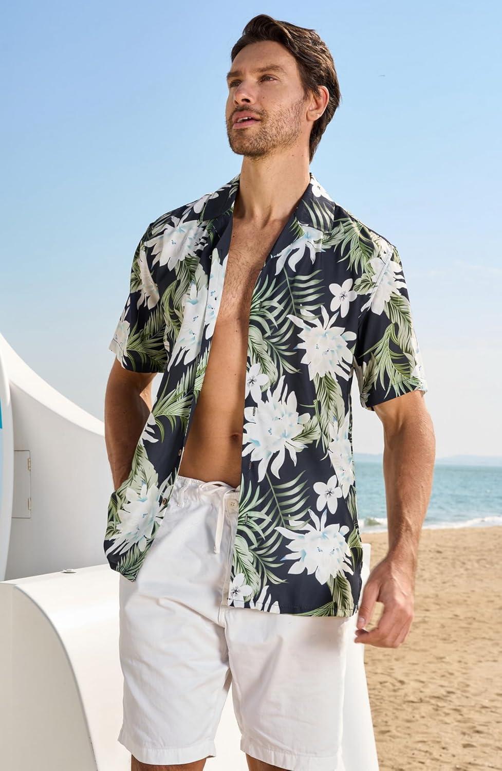 imageAlex Vando Mens Hawaiian Shirts Short Sleeve Summer Aloha Hawaii ShirtsWhite Flower