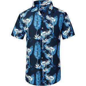 Alex Vando Mens Hawaiian Shirts Short Sleeve Summer Aloha Hawaii Shirts(Navy Leaf 04)
