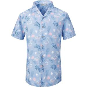 Alex Vando Mens Hawaiian Shirts Short Sleeve Summer Aloha Hawaii Shirts(Purple Flamingo)