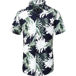 Alex Vando Mens Hawaiian Shirts Short Sleeve Summer Aloha Hawaii Shirts(White Flower)