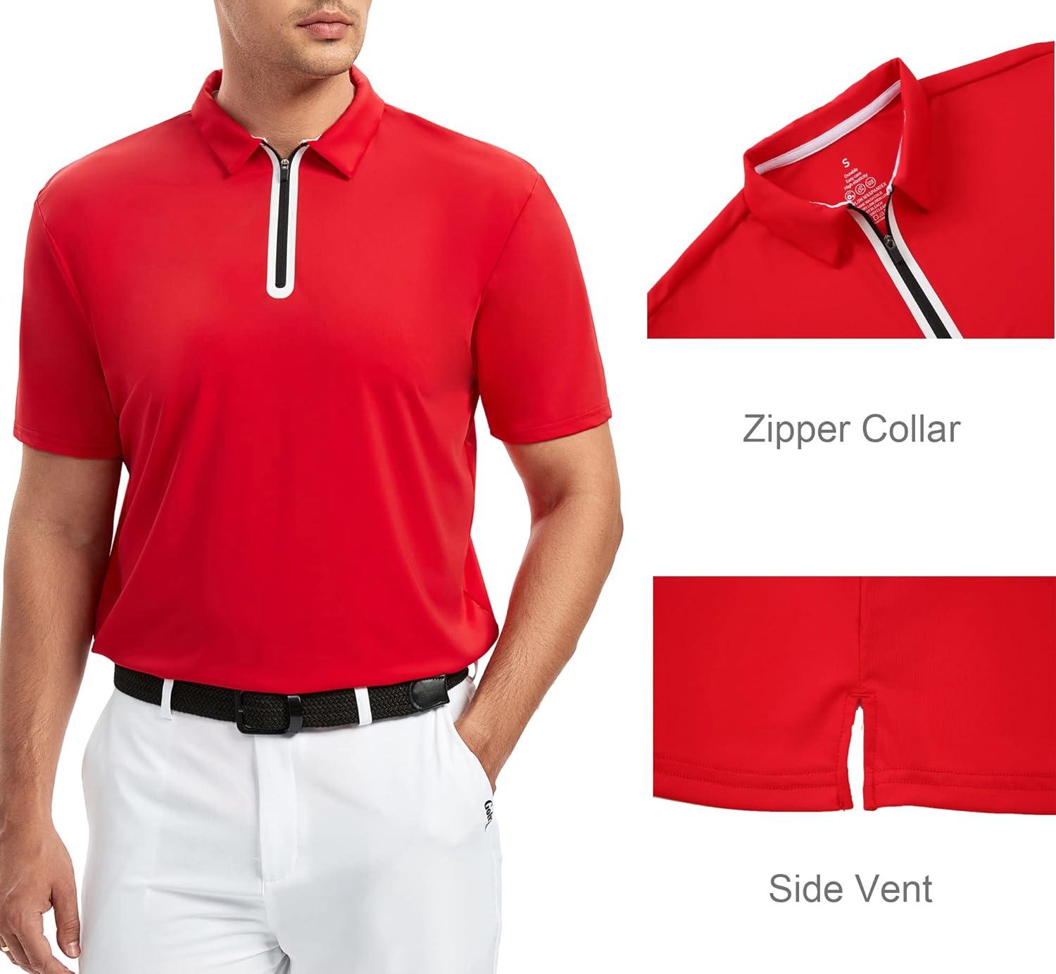 imageAlex Vando Mens Golf Shirt Moisture Wicking QuickDry Short Sleeve Casual Polo Shirts for MenZipper Red