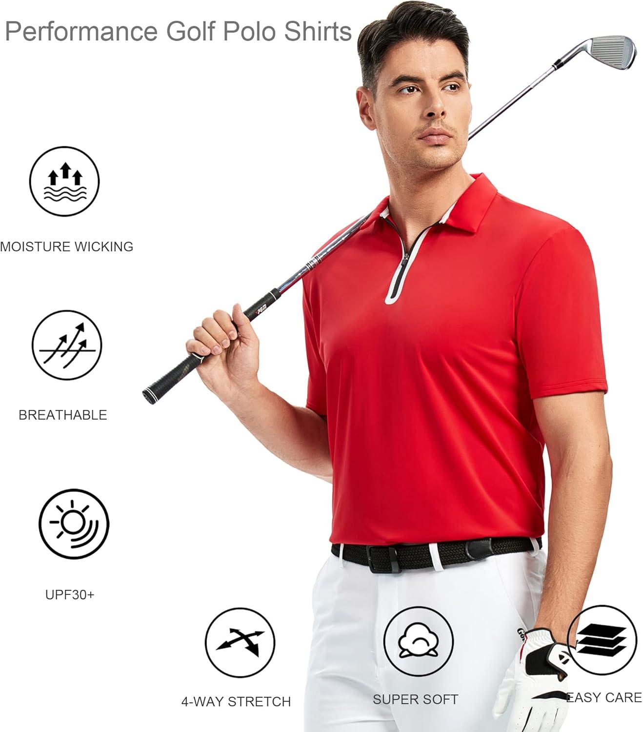 imageAlex Vando Mens Golf Shirt Moisture Wicking QuickDry Short Sleeve Casual Polo Shirts for MenZipper Red