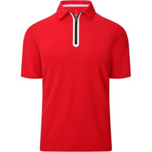 Alex Vando Mens Golf Shirt Moisture Wicking Quick-Dry Short Sleeve Casual Polo Shirts for Men(Zipper Red)