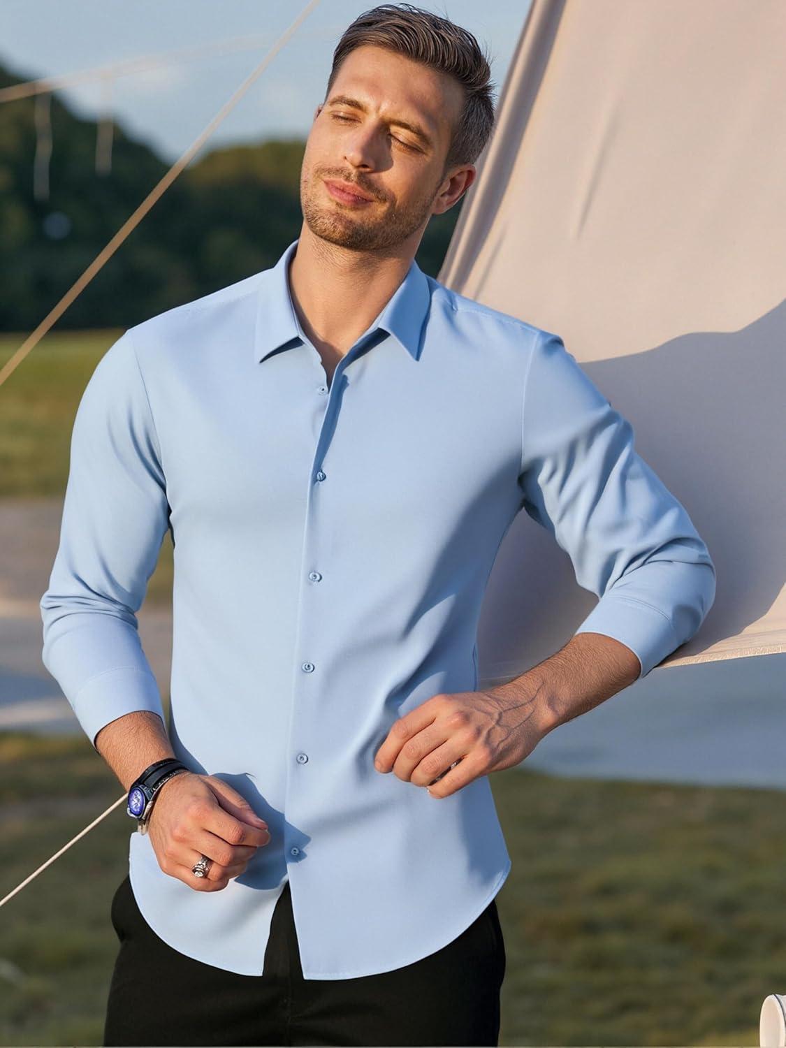 imageAlex Vando Mens Dress Shirts Regular Fit Long Sleeve Stretch Business Dress Shirts for MenKnit Blue