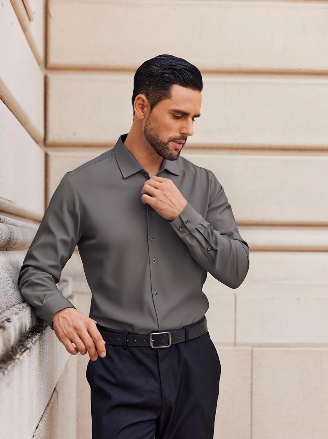 imageAlex Vando Mens Dress Shirts Regular Fit Long Sleeve Stretch Business Dress Shirts for MenKnit Charcoal