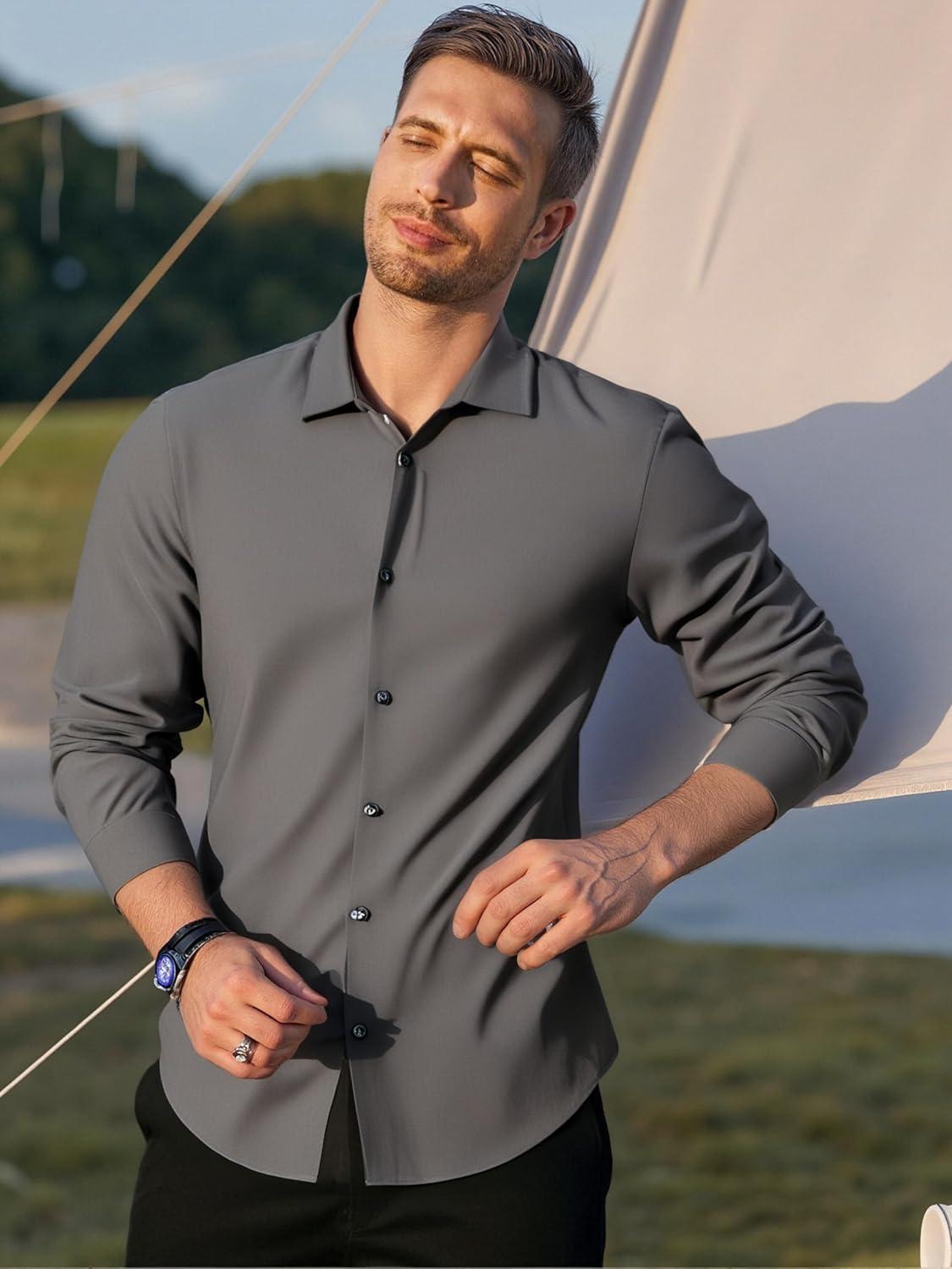 imageAlex Vando Mens Dress Shirts Regular Fit Long Sleeve Stretch Business Dress Shirts for MenKnit Charcoal