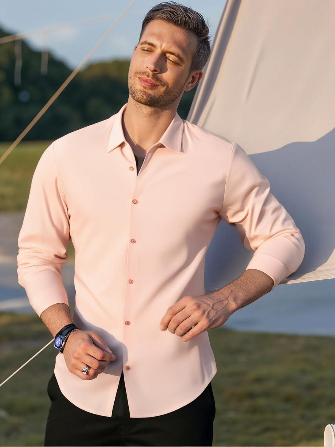 imageAlex Vando Mens Dress Shirts Regular Fit Long Sleeve Stretch Business Dress Shirts for MenKnit Pink