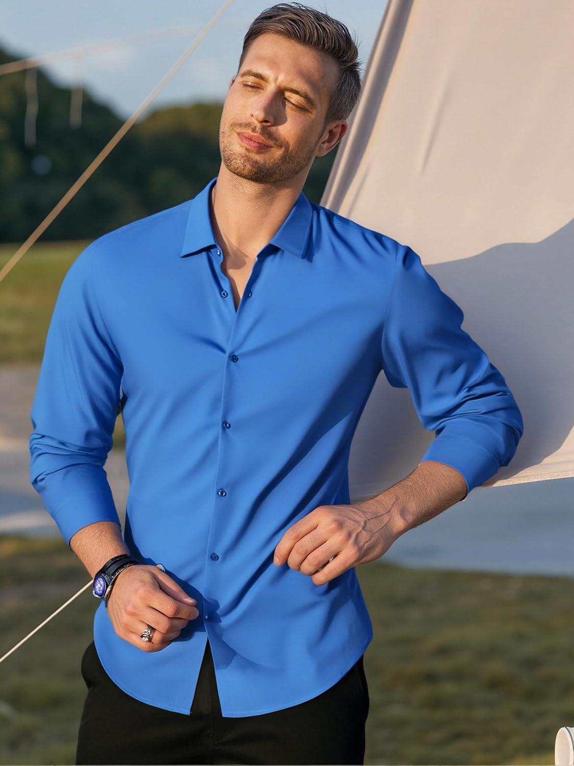 imageAlex Vando Mens Dress Shirts Regular Fit Long Sleeve Stretch Business Dress Shirts for MenKnit Royal