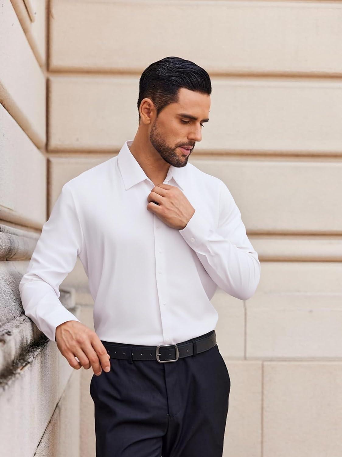 imageAlex Vando Mens Dress Shirts Regular Fit Long Sleeve Stretch Business Dress Shirts for MenKnit White