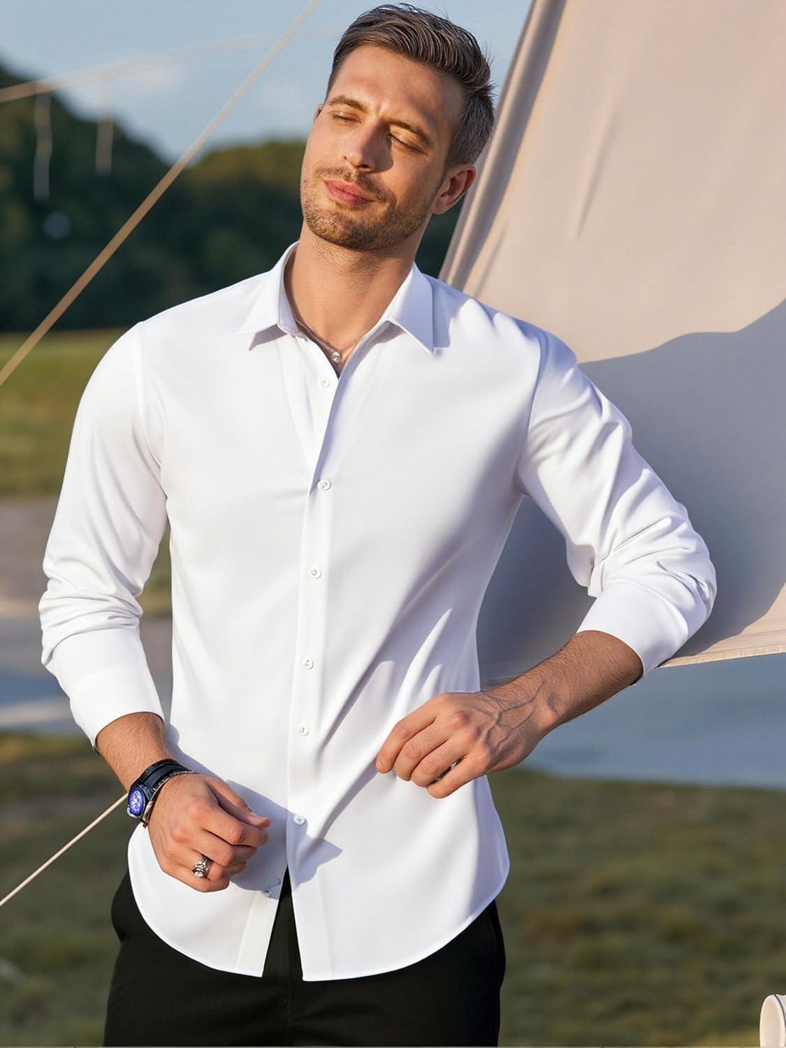 imageAlex Vando Mens Dress Shirts Regular Fit Long Sleeve Stretch Business Dress Shirts for MenKnit White