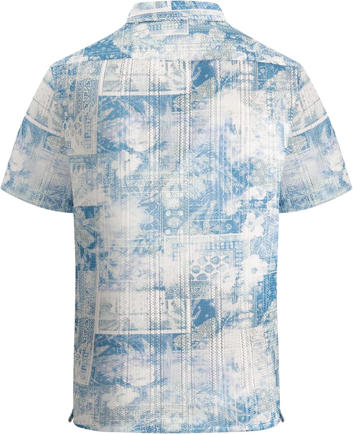 imageAlex Vando Mens Lace Shirt Short Sleeve SeeThrough Pattern Summer Beach Button Down ShirtBlue Dye