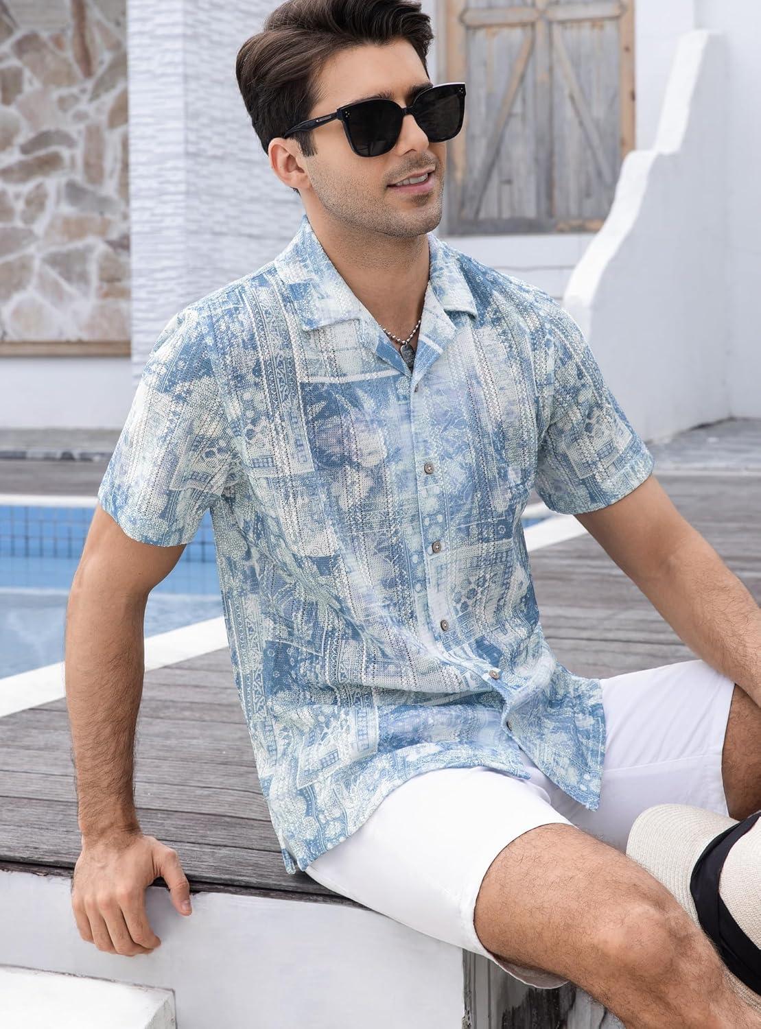 imageAlex Vando Mens Lace Shirt Short Sleeve SeeThrough Pattern Summer Beach Button Down ShirtBlue Dye
