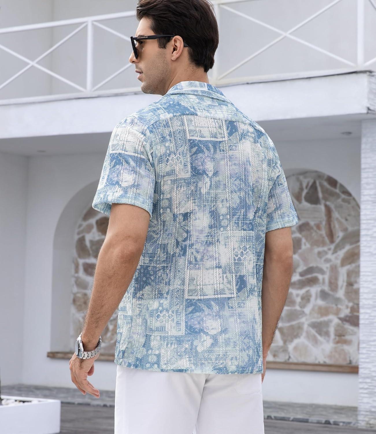 imageAlex Vando Mens Lace Shirt Short Sleeve SeeThrough Pattern Summer Beach Button Down ShirtBlue Dye