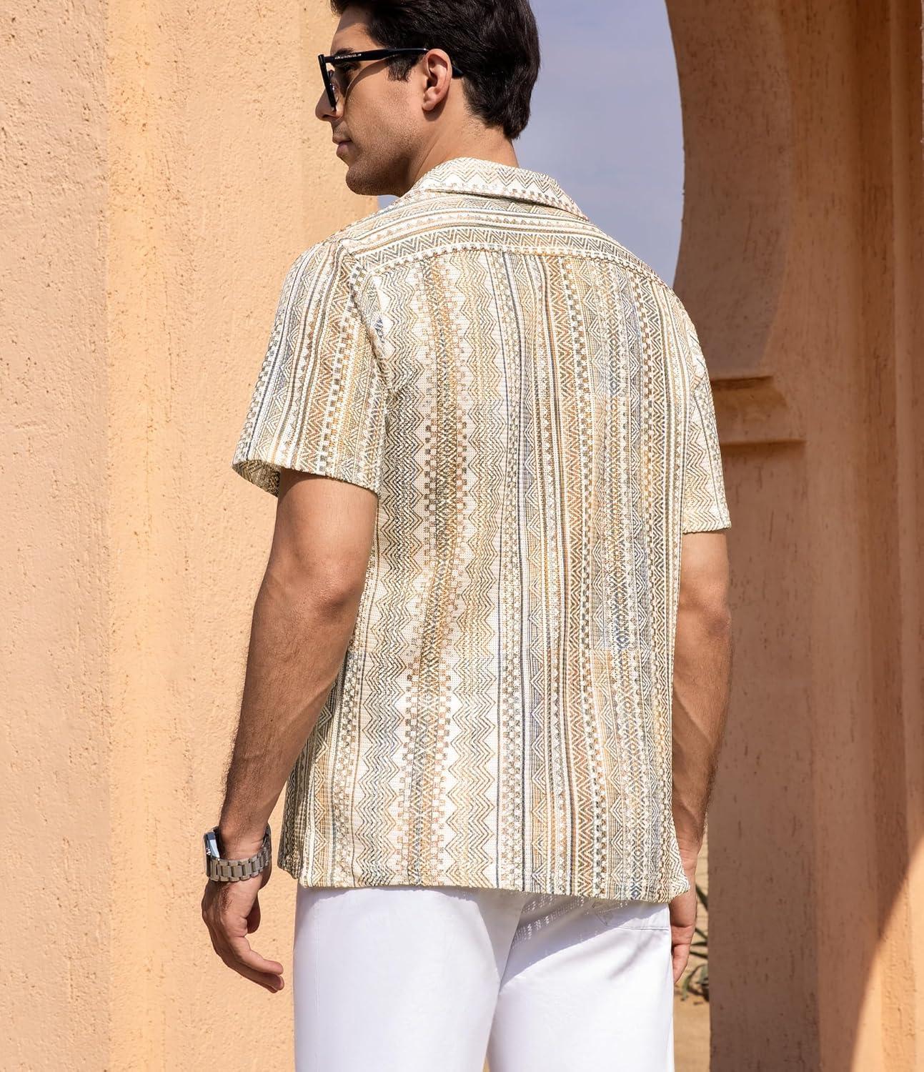 imageAlex Vando Mens Lace Shirt Short Sleeve SeeThrough Pattern Summer Beach Button Down ShirtBrown Line