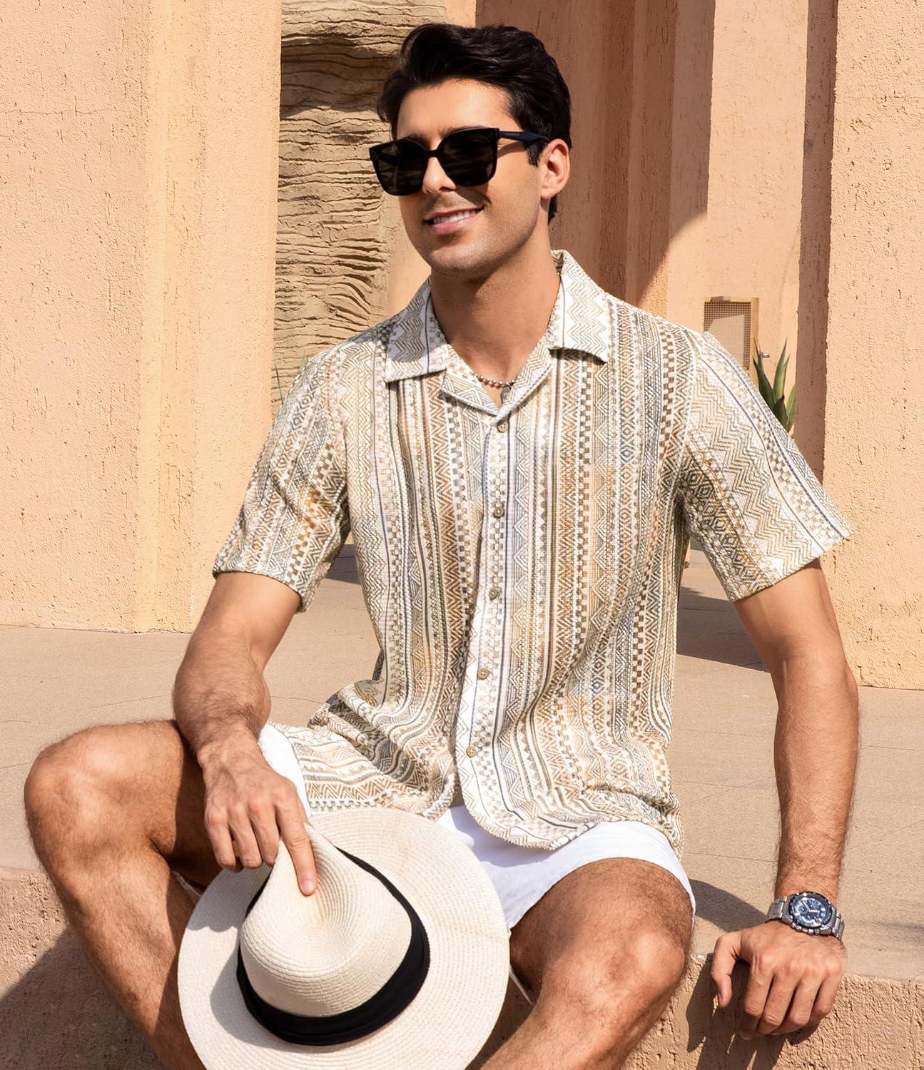 imageAlex Vando Mens Lace Shirt Short Sleeve SeeThrough Pattern Summer Beach Button Down ShirtBrown Line