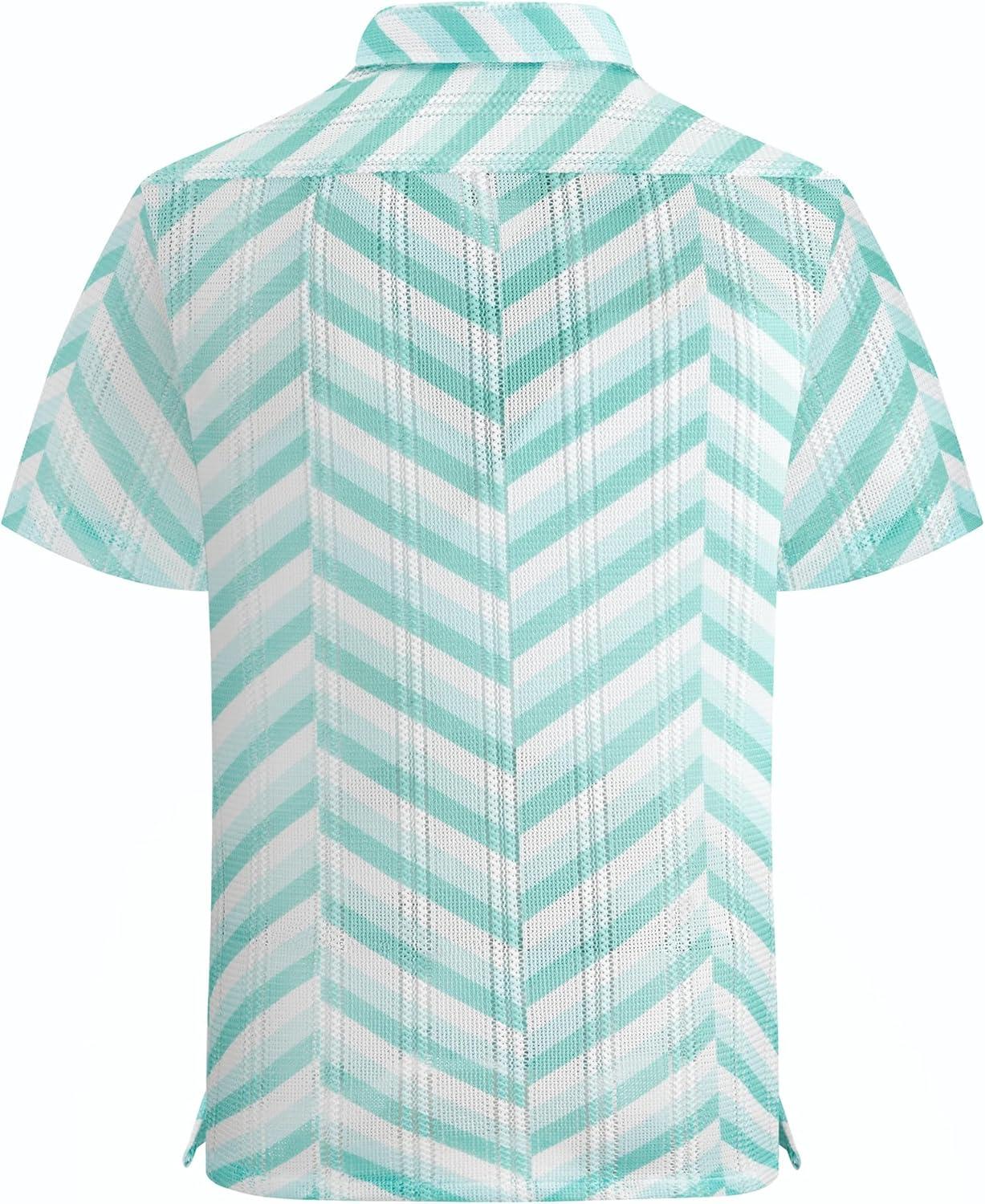 imageAlex Vando Mens Lace Shirt Short Sleeve SeeThrough Pattern Summer Beach Button Down ShirtGreen Herringbone