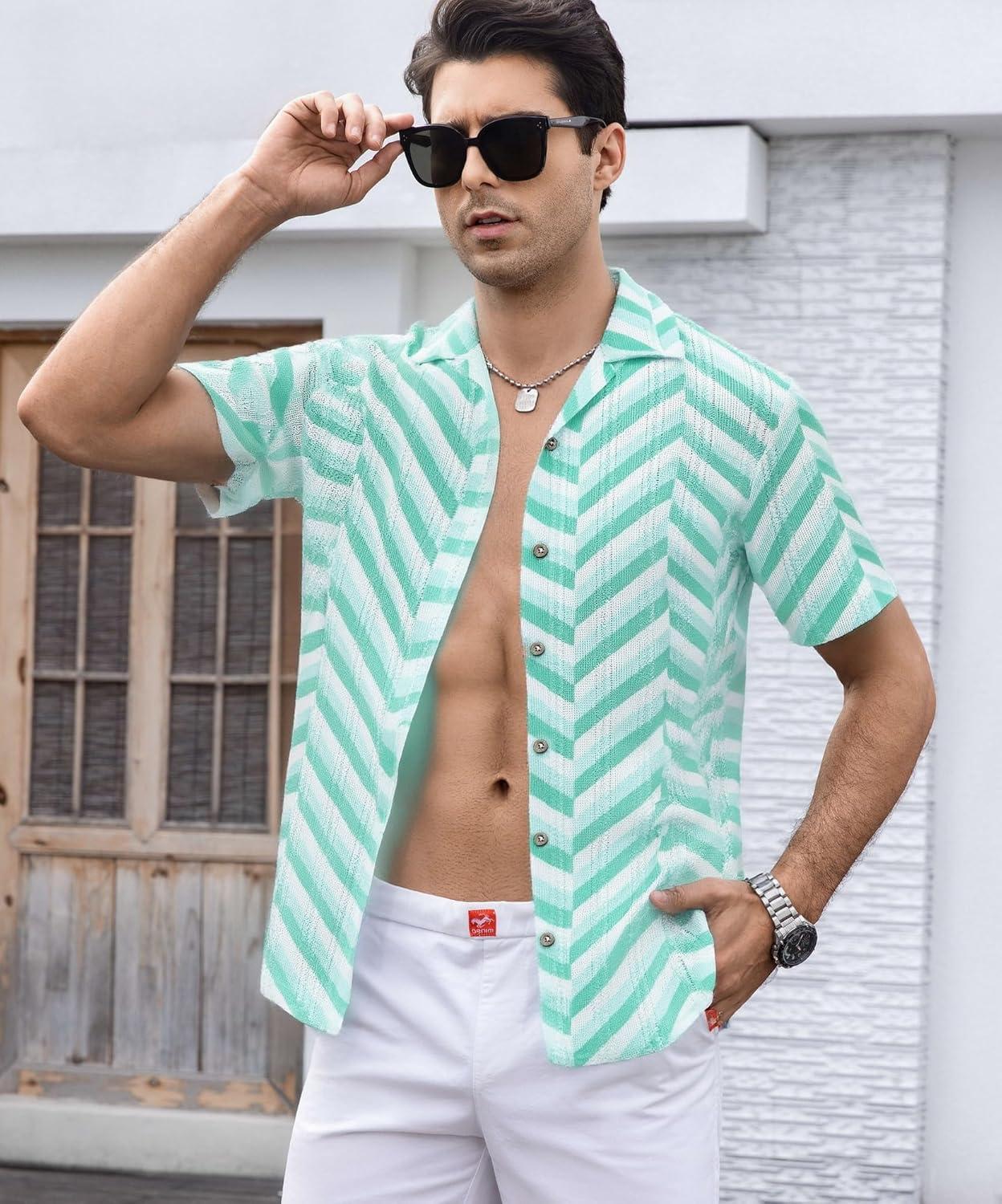 imageAlex Vando Mens Lace Shirt Short Sleeve SeeThrough Pattern Summer Beach Button Down ShirtGreen Herringbone