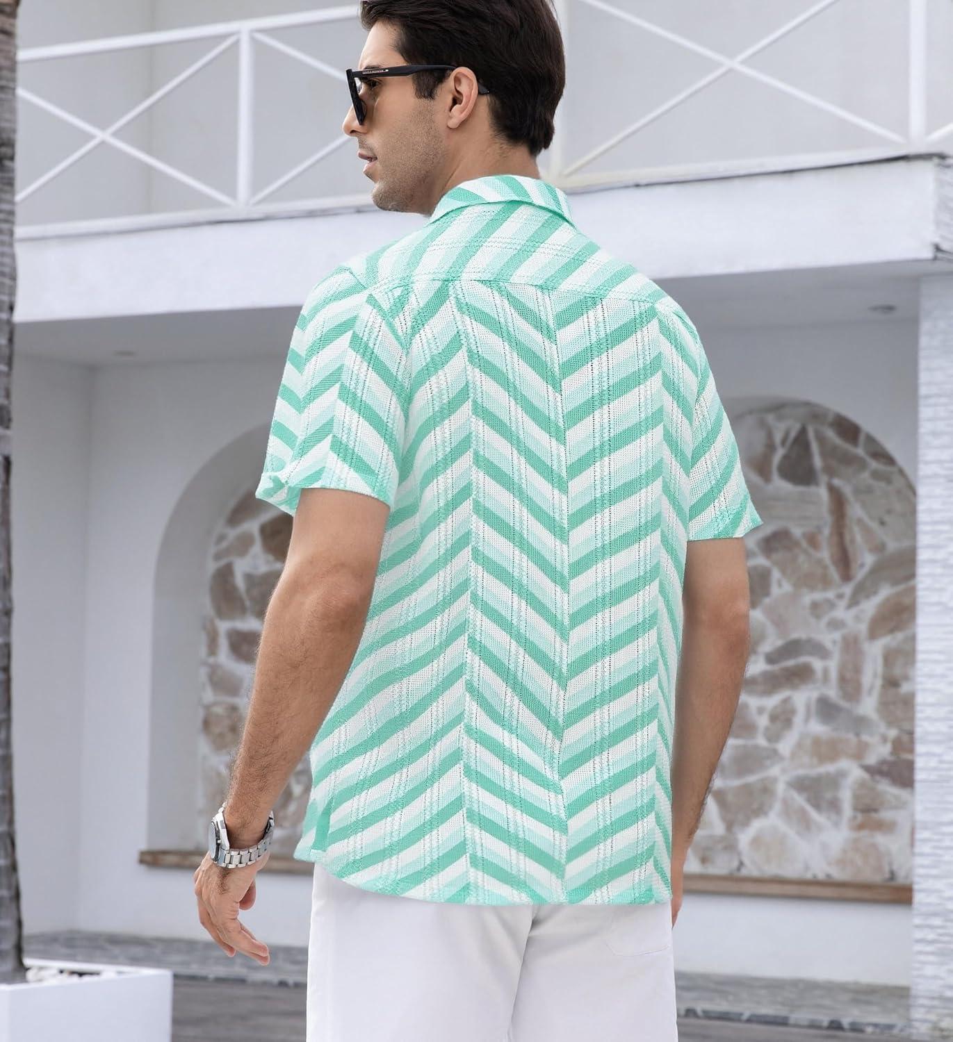 imageAlex Vando Mens Lace Shirt Short Sleeve SeeThrough Pattern Summer Beach Button Down ShirtGreen Herringbone