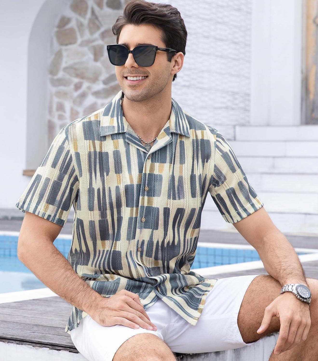 imageAlex Vando Mens Lace Shirt Short Sleeve SeeThrough Pattern Summer Beach Button Down ShirtGrey Geometry