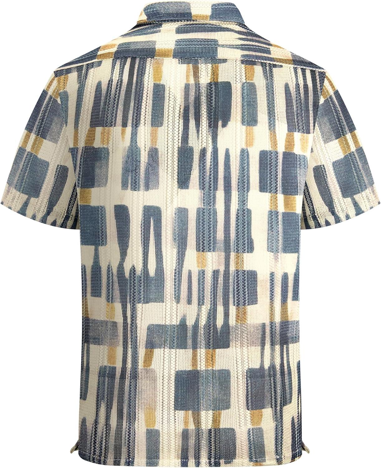 imageAlex Vando Mens Lace Shirt Short Sleeve SeeThrough Pattern Summer Beach Button Down ShirtGrey Geometry