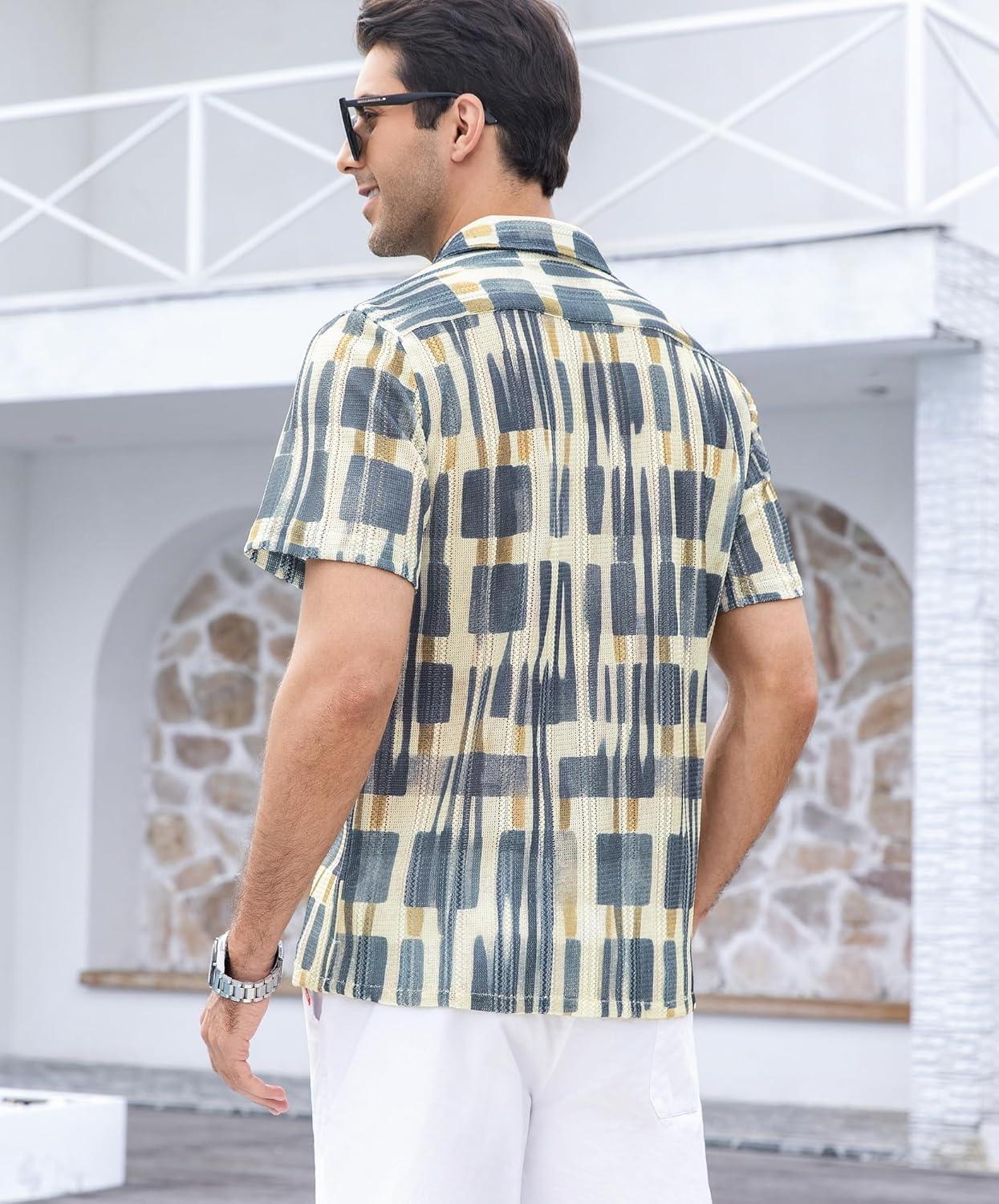 imageAlex Vando Mens Lace Shirt Short Sleeve SeeThrough Pattern Summer Beach Button Down ShirtGrey Geometry
