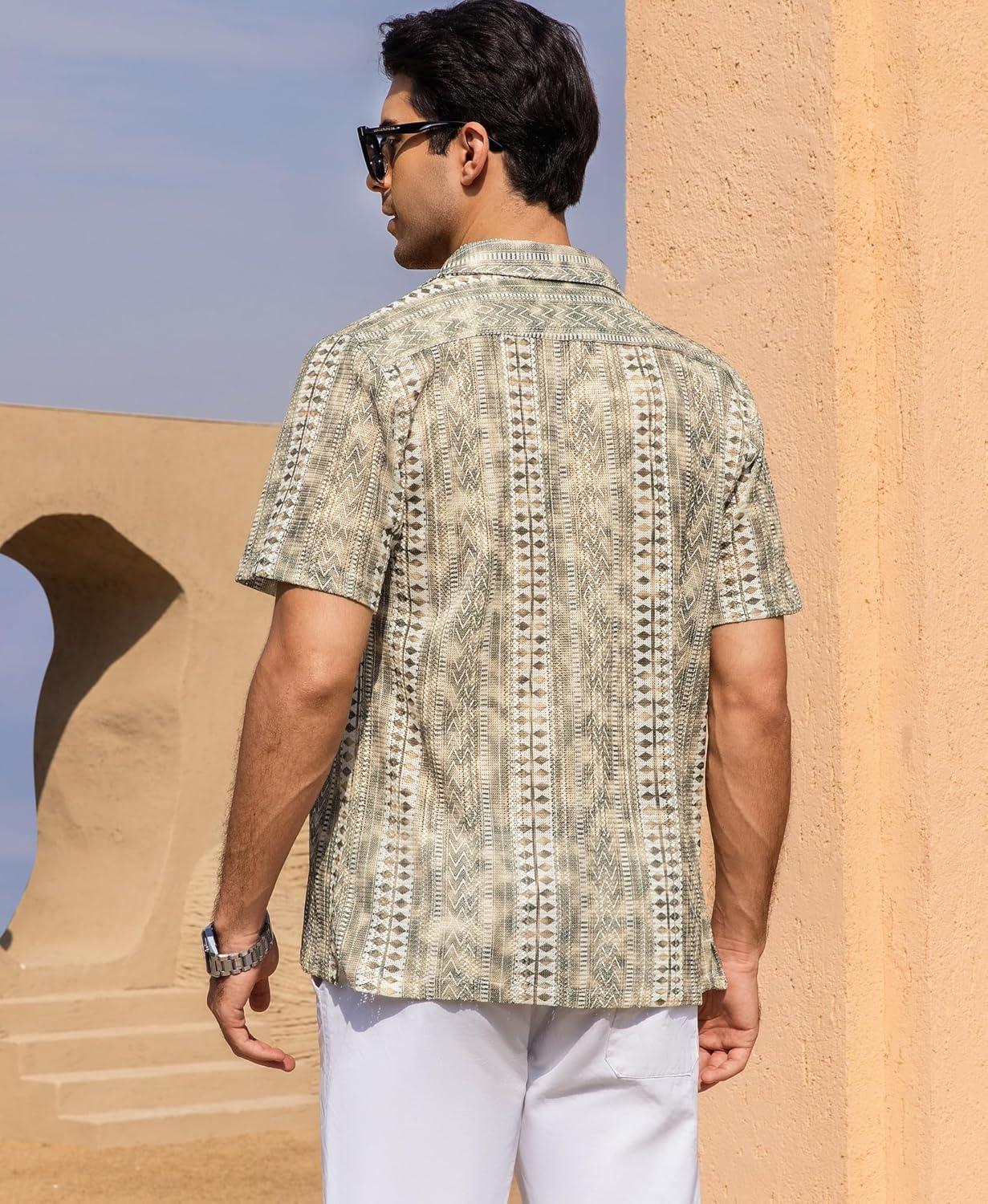imageAlex Vando Mens Lace Shirt Short Sleeve SeeThrough Pattern Summer Beach Button Down ShirtKhaki Diamond