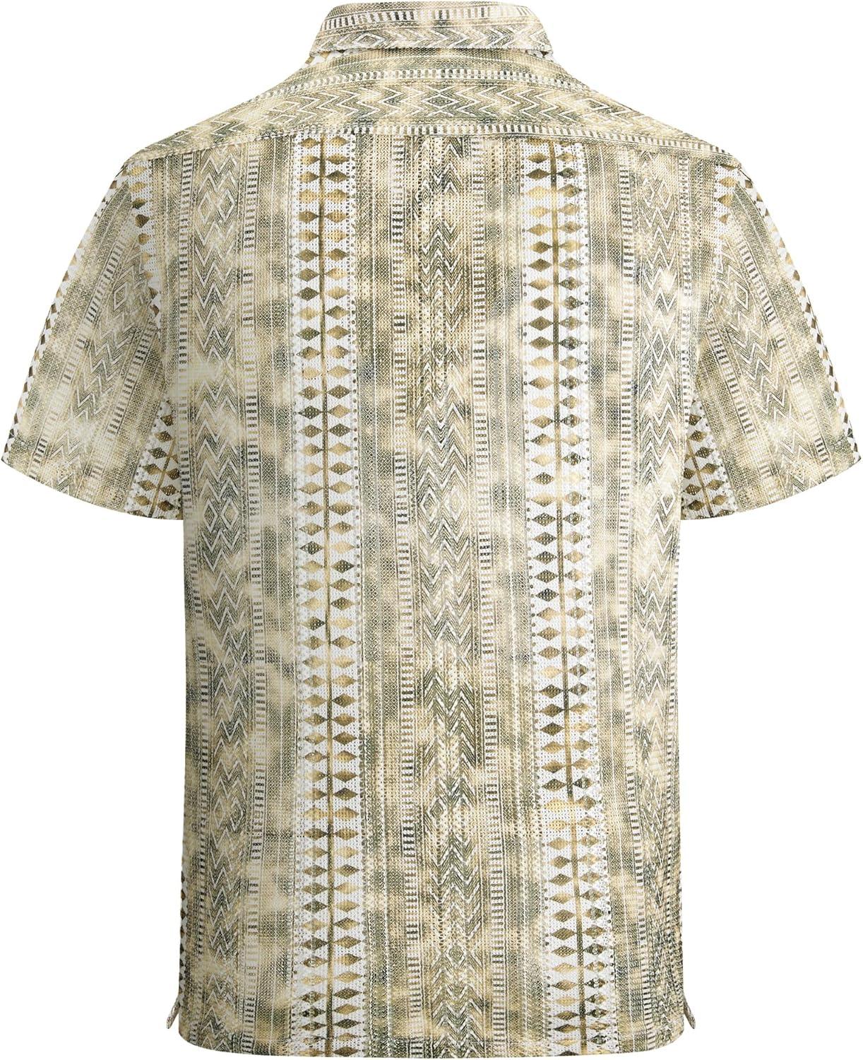 imageAlex Vando Mens Lace Shirt Short Sleeve SeeThrough Pattern Summer Beach Button Down ShirtKhaki Diamond