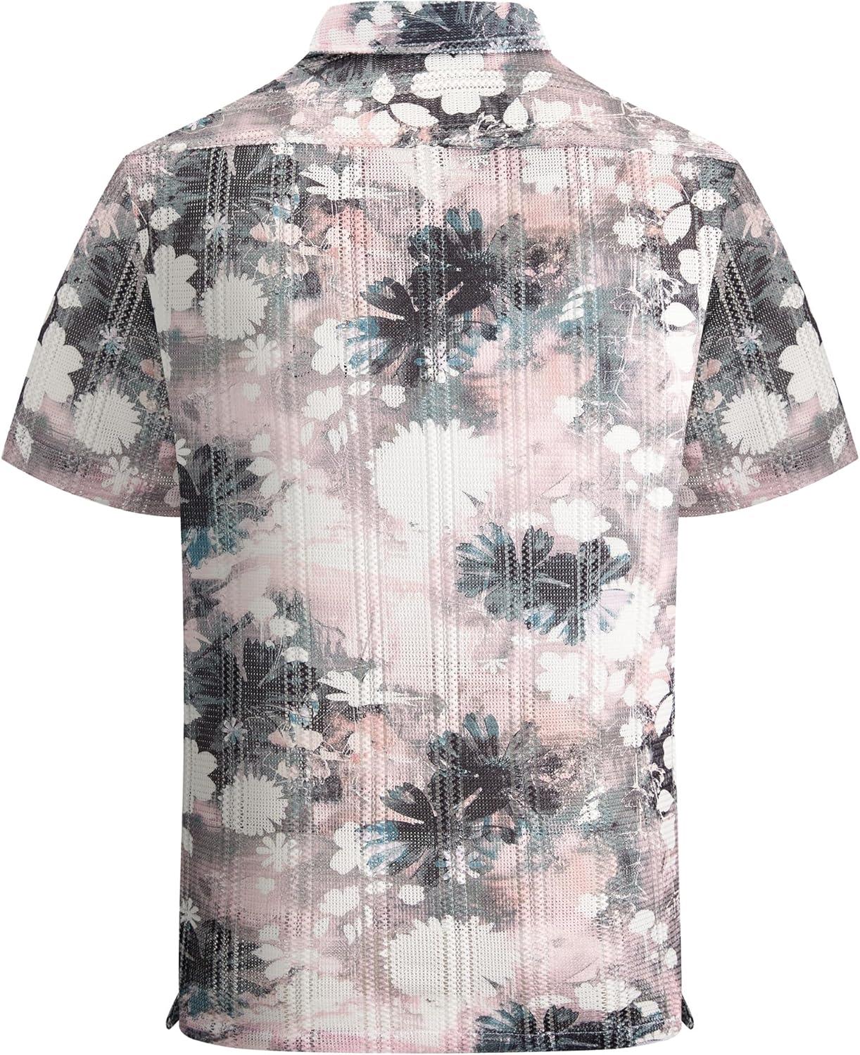 imageAlex Vando Mens Lace Shirt Short Sleeve SeeThrough Pattern Summer Beach Button Down ShirtPink Black Flower