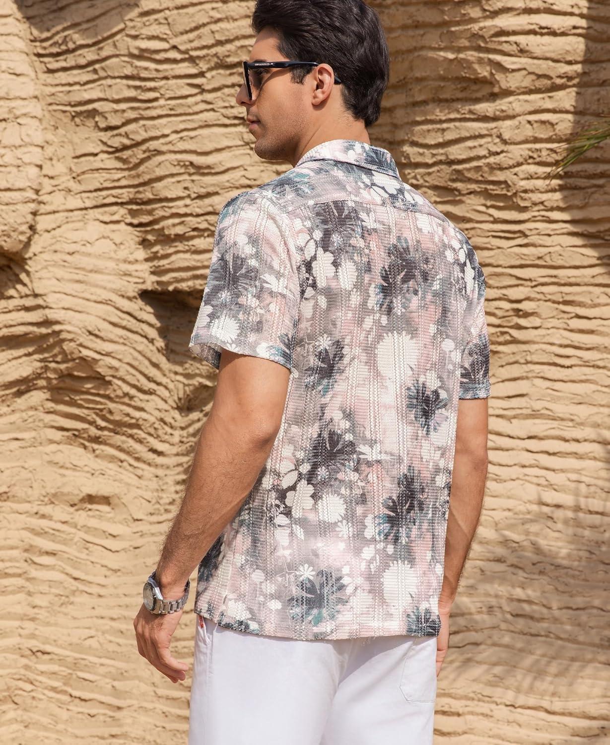imageAlex Vando Mens Lace Shirt Short Sleeve SeeThrough Pattern Summer Beach Button Down ShirtPink Black Flower