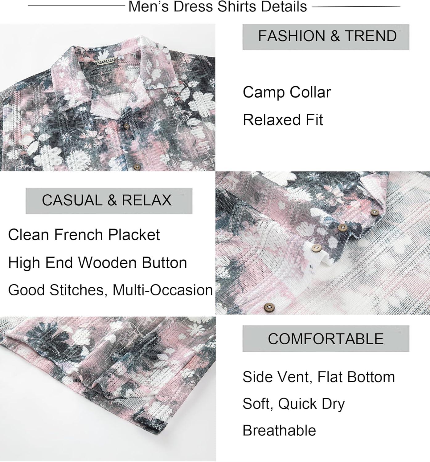 imageAlex Vando Mens Lace Shirt Short Sleeve SeeThrough Pattern Summer Beach Button Down ShirtPink Black Flower