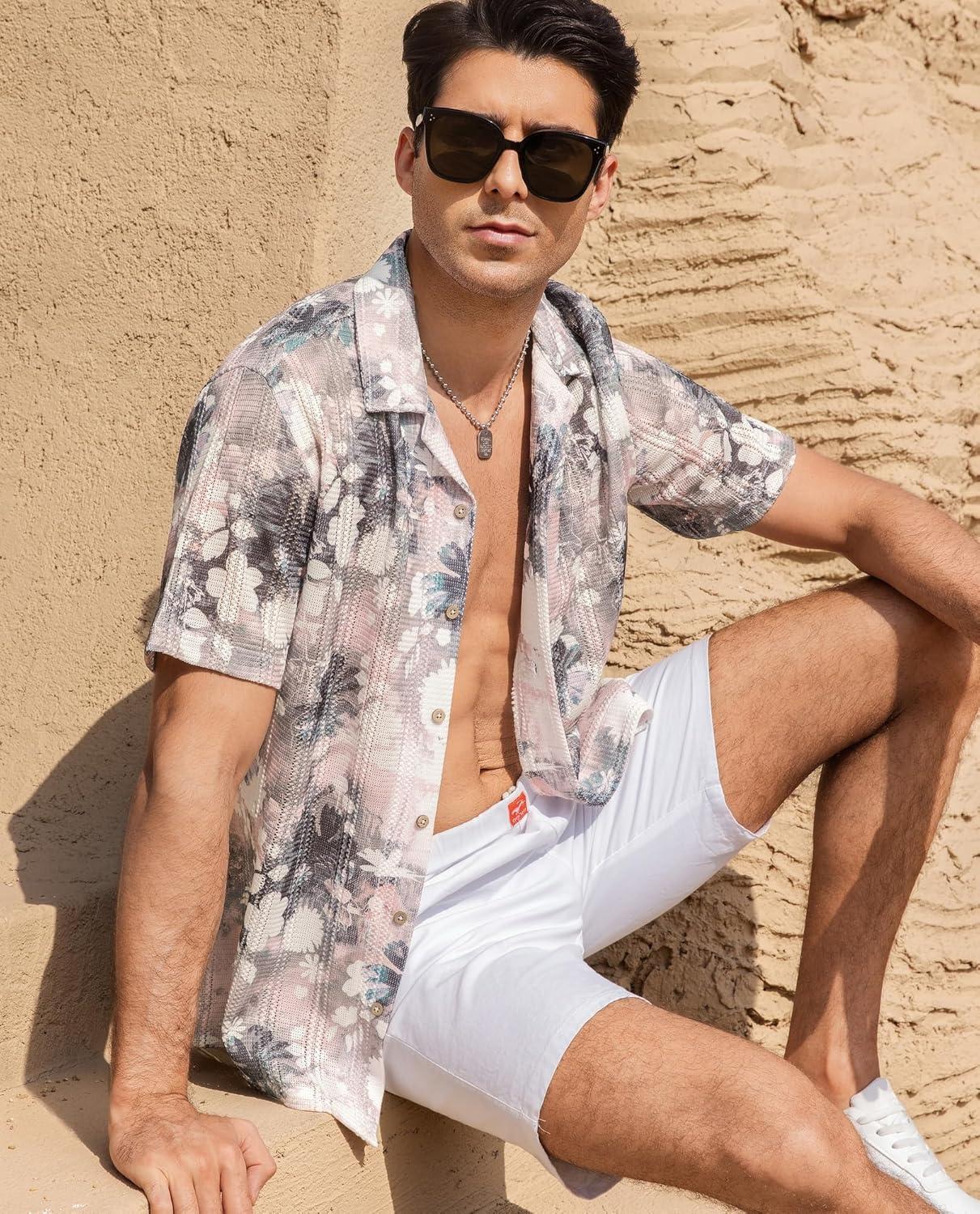 imageAlex Vando Mens Lace Shirt Short Sleeve SeeThrough Pattern Summer Beach Button Down ShirtPink Black Flower