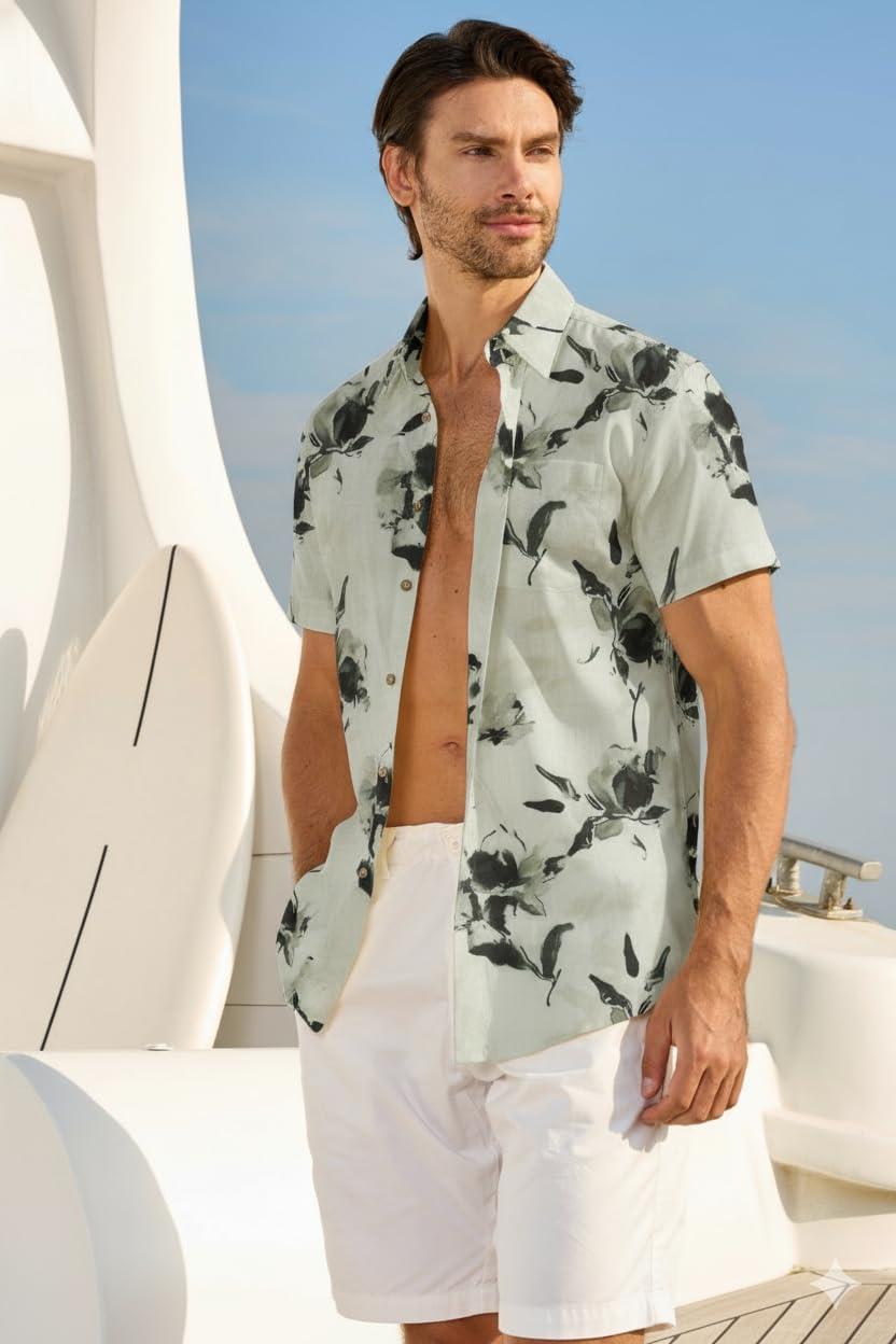 imageAlex Vando Mens Linen Blend Print Shirt Camp Collar Short Sleeve Beach Button Down Shirts MenBeige W Black Flower