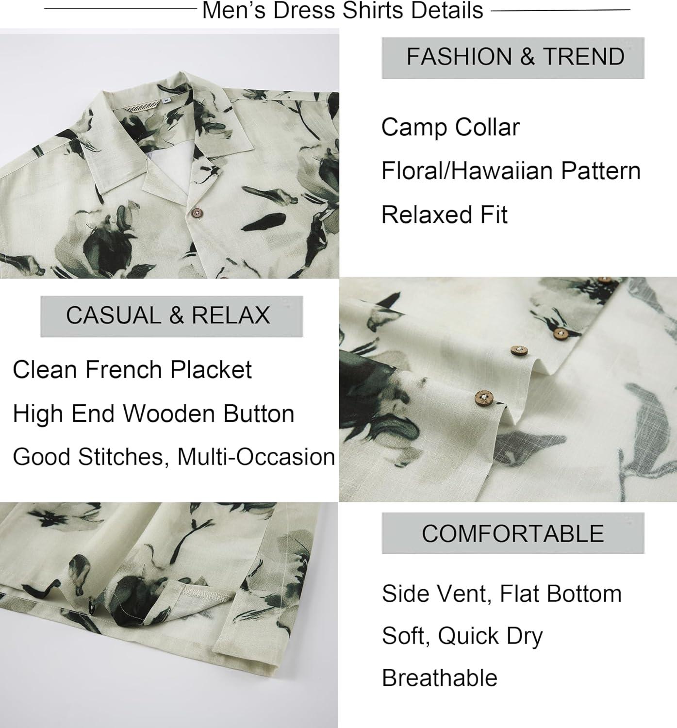 imageAlex Vando Mens Linen Blend Print Shirt Camp Collar Short Sleeve Beach Button Down Shirts MenBeige W Black Flower