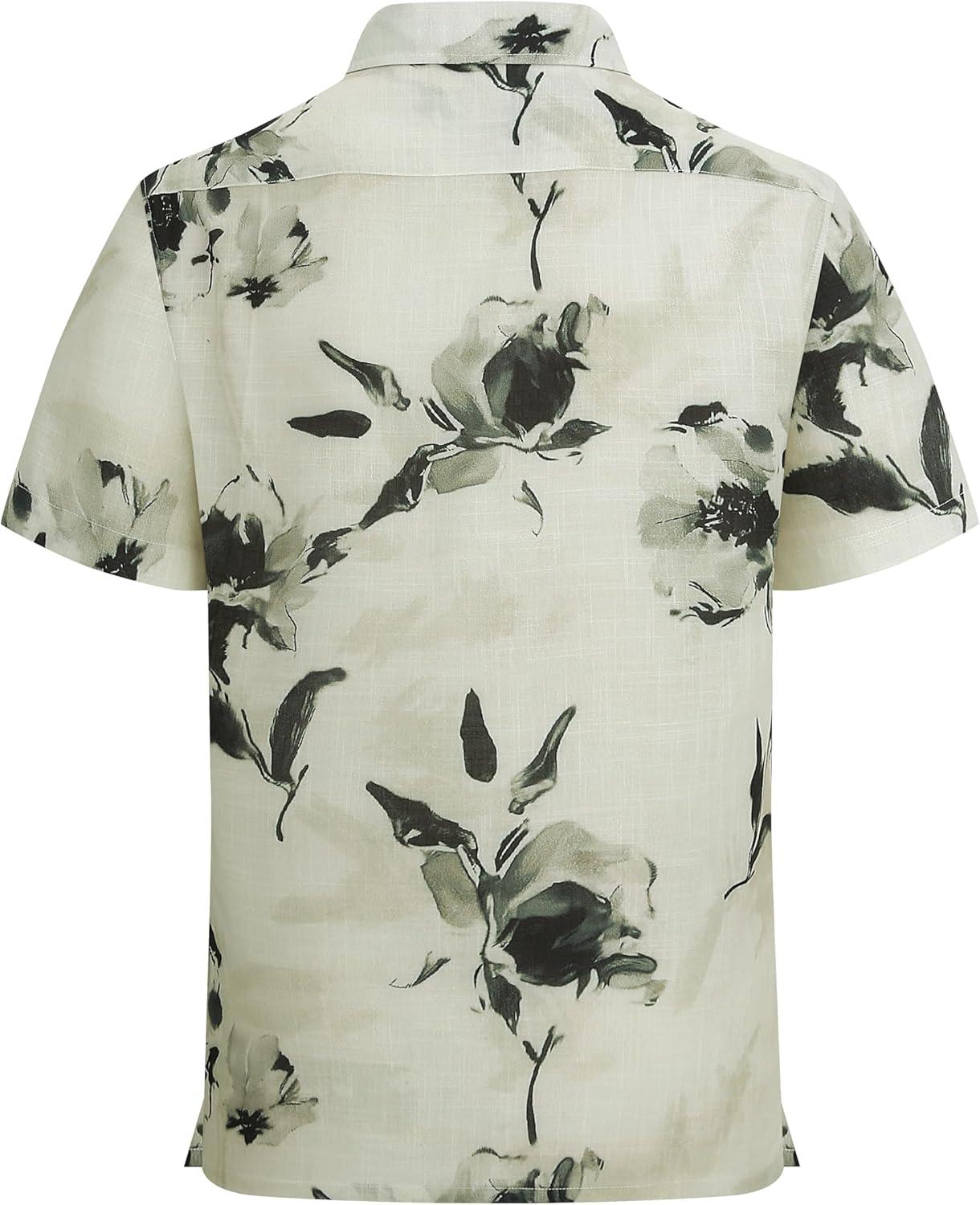 imageAlex Vando Mens Linen Blend Print Shirt Camp Collar Short Sleeve Beach Button Down Shirts MenBeige W Black Flower