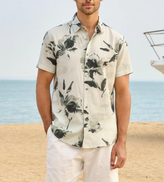 imageAlex Vando Mens Linen Blend Print Shirt Camp Collar Short Sleeve Beach Button Down Shirts MenBeige W Black Flower