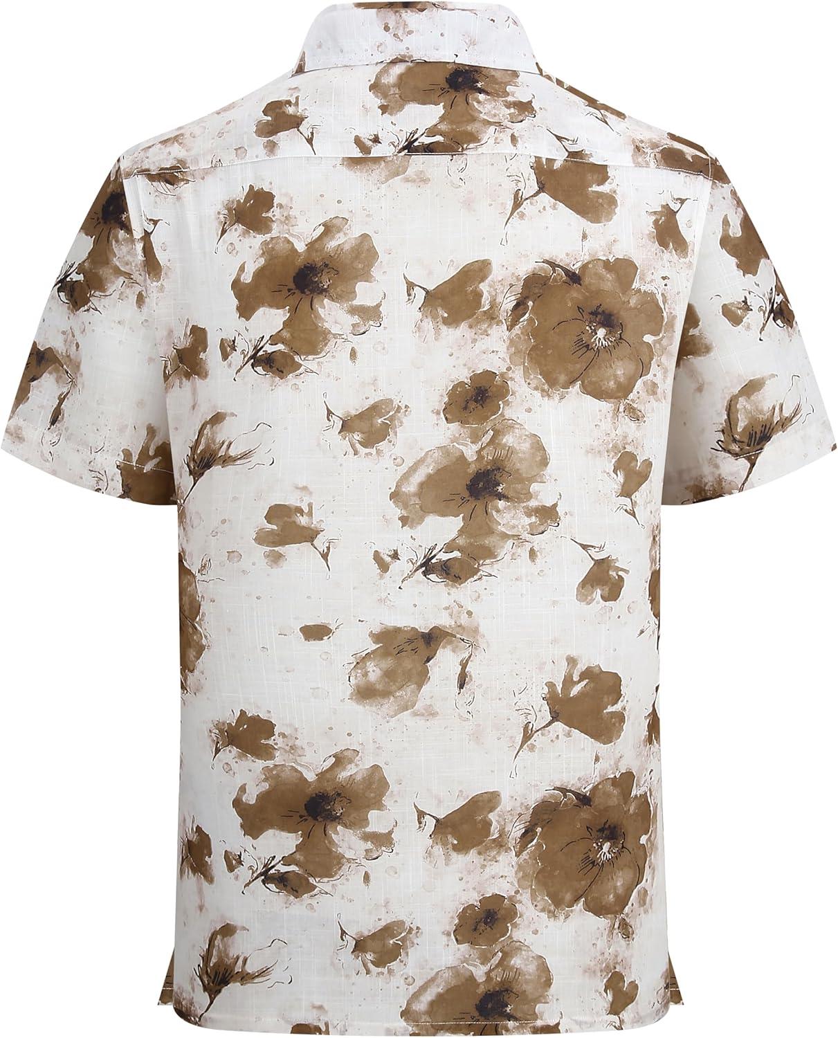 imageAlex Vando Mens Linen Blend Print Shirt Camp Collar Short Sleeve Beach Button Down Shirts MenBeige W Brown Flower