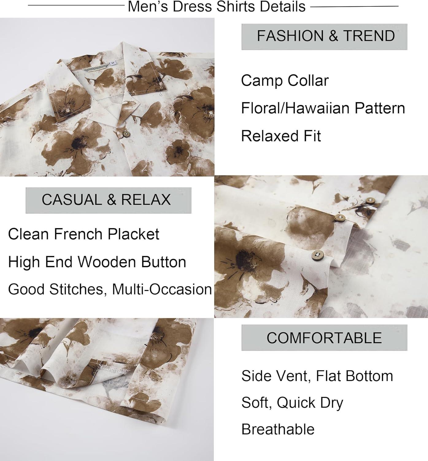 imageAlex Vando Mens Linen Blend Print Shirt Camp Collar Short Sleeve Beach Button Down Shirts MenBeige W Brown Flower