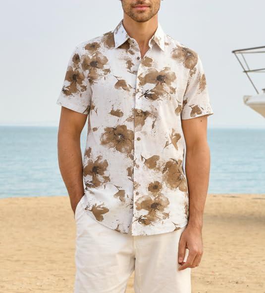 imageAlex Vando Mens Linen Blend Print Shirt Camp Collar Short Sleeve Beach Button Down Shirts MenBeige W Brown Flower