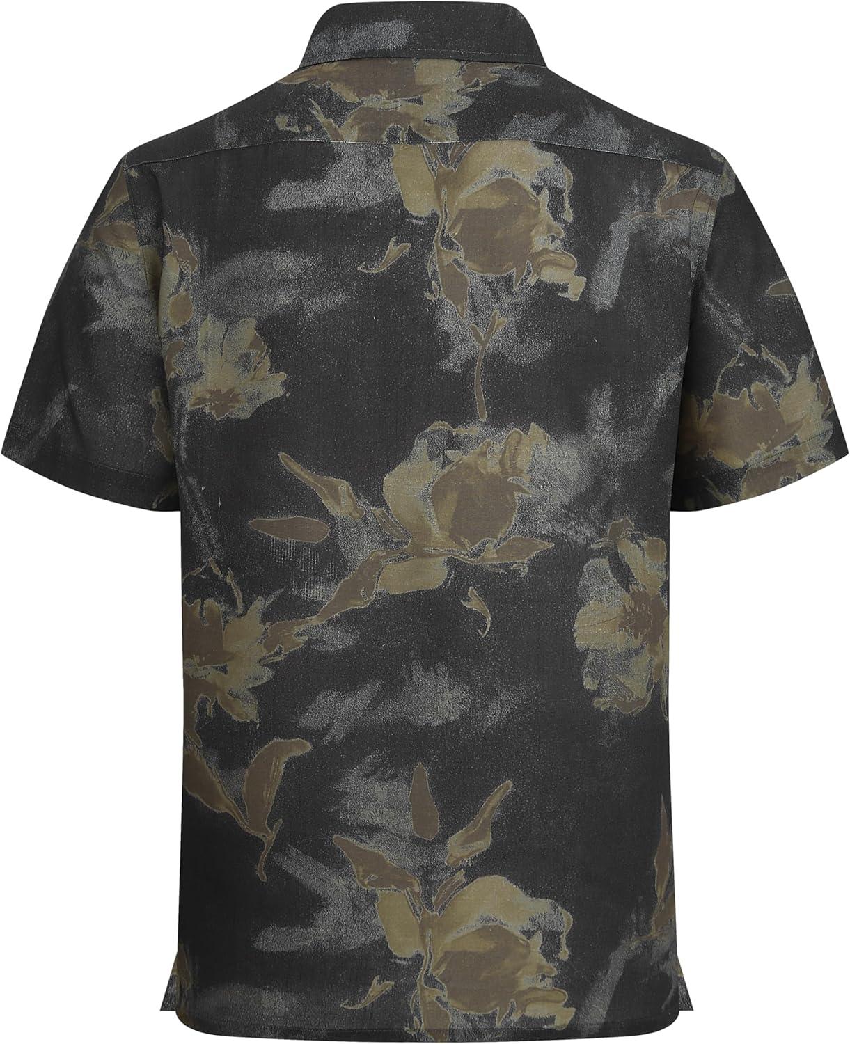 imageAlex Vando Mens Linen Blend Print Shirt Camp Collar Short Sleeve Beach Button Down Shirts MenBlack W Brown Flower