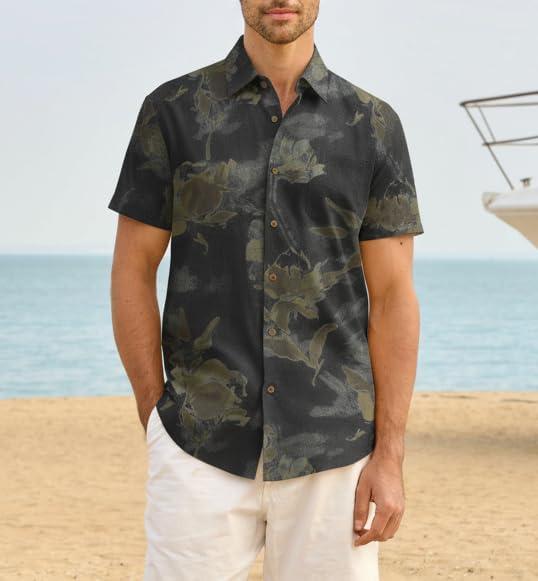 imageAlex Vando Mens Linen Blend Print Shirt Camp Collar Short Sleeve Beach Button Down Shirts MenBlack W Brown Flower