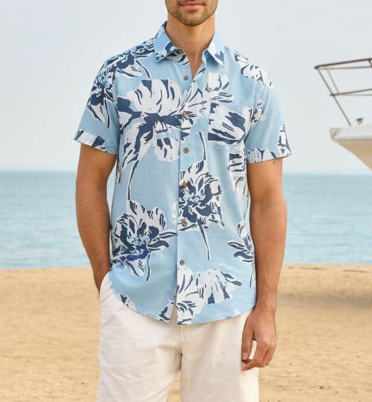 imageAlex Vando Mens Linen Blend Print Shirt Camp Collar Short Sleeve Beach Button Down Shirts MenBlue W White Flower
