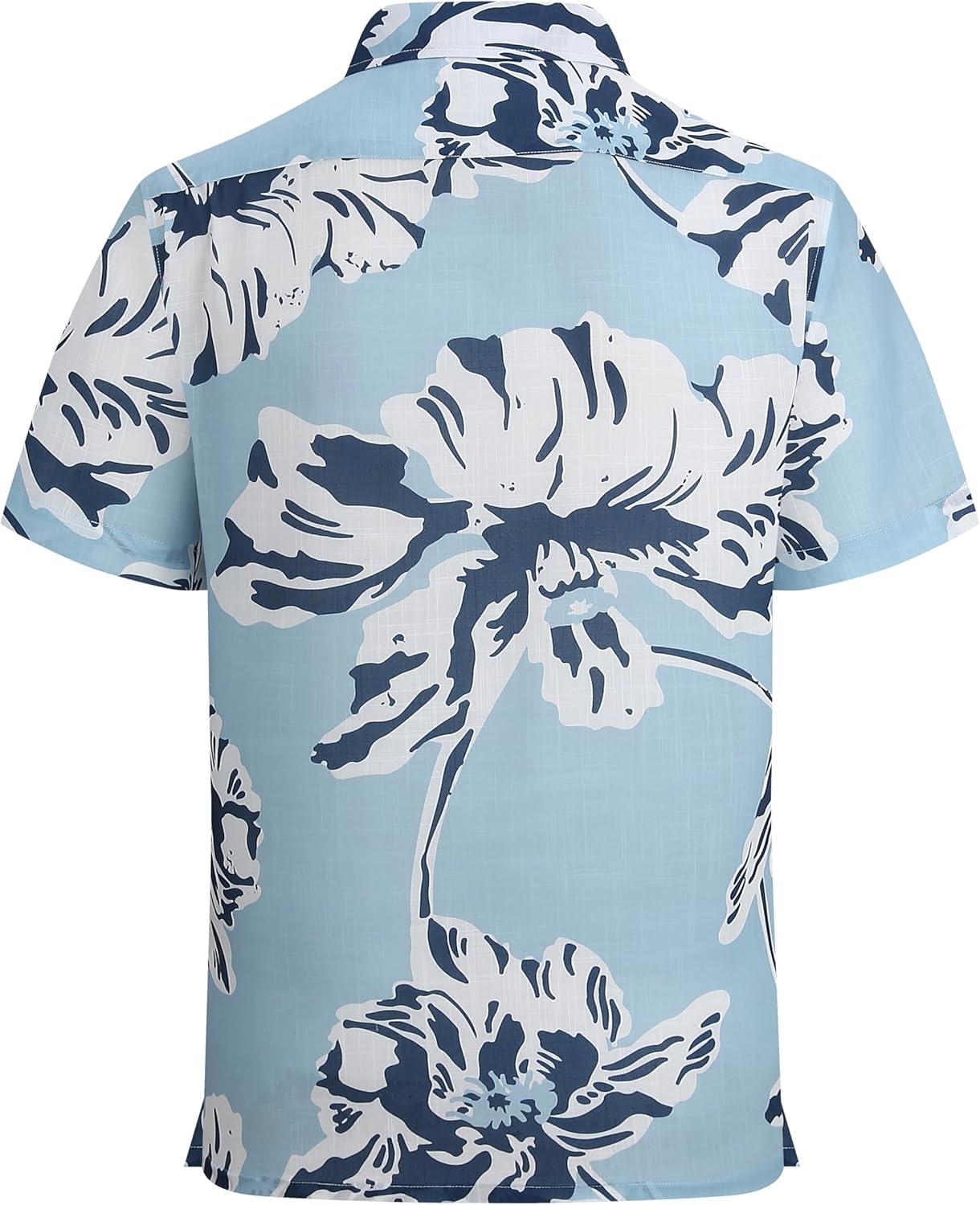 imageAlex Vando Mens Linen Blend Print Shirt Camp Collar Short Sleeve Beach Button Down Shirts MenBlue W White Flower