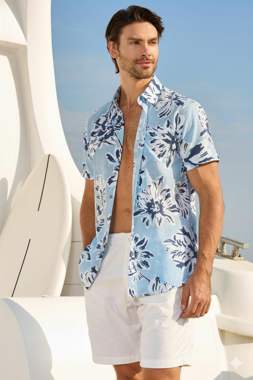imageAlex Vando Mens Linen Blend Print Shirt Camp Collar Short Sleeve Beach Button Down Shirts MenBlue W White Flower