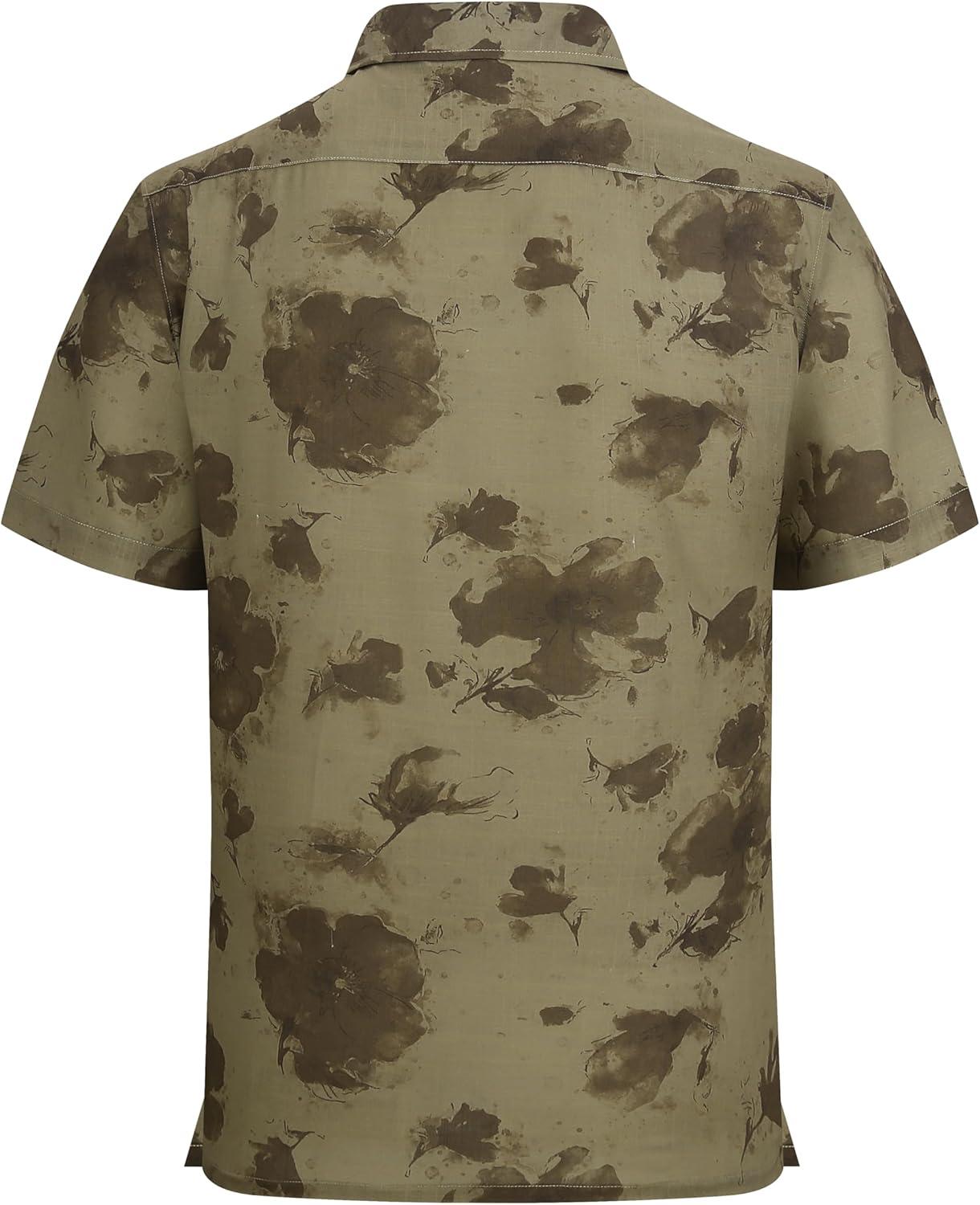 imageAlex Vando Mens Linen Blend Print Shirt Camp Collar Short Sleeve Beach Button Down Shirts MenKhaki W Brown Flower