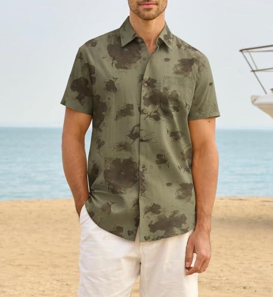 imageAlex Vando Mens Linen Blend Print Shirt Camp Collar Short Sleeve Beach Button Down Shirts MenKhaki W Brown Flower