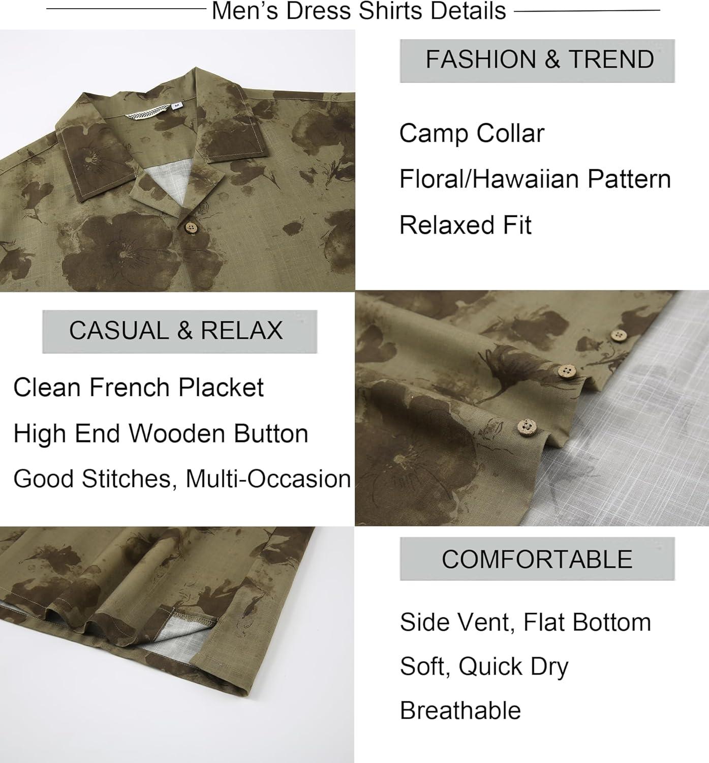 imageAlex Vando Mens Linen Blend Print Shirt Camp Collar Short Sleeve Beach Button Down Shirts MenKhaki W Brown Flower