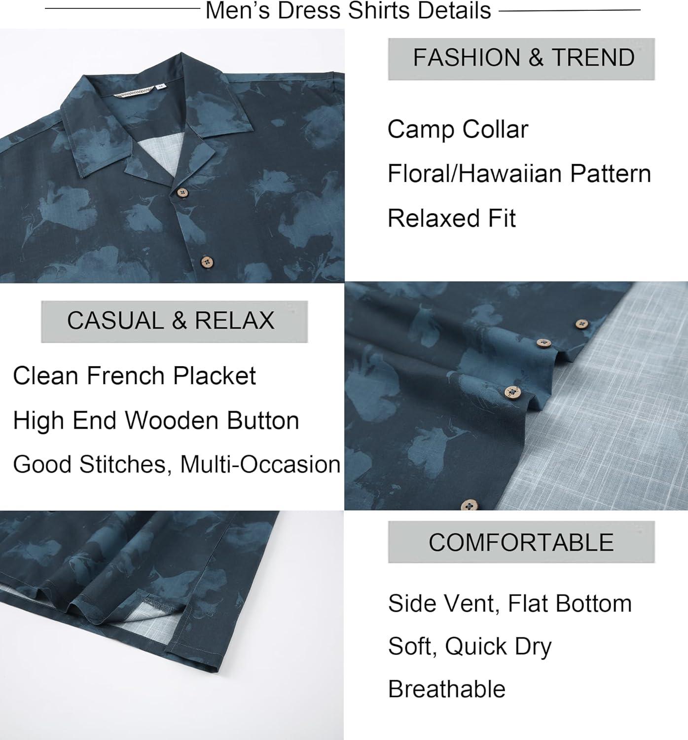imageAlex Vando Mens Linen Blend Print Shirt Camp Collar Short Sleeve Beach Button Down Shirts MenNavy Flower